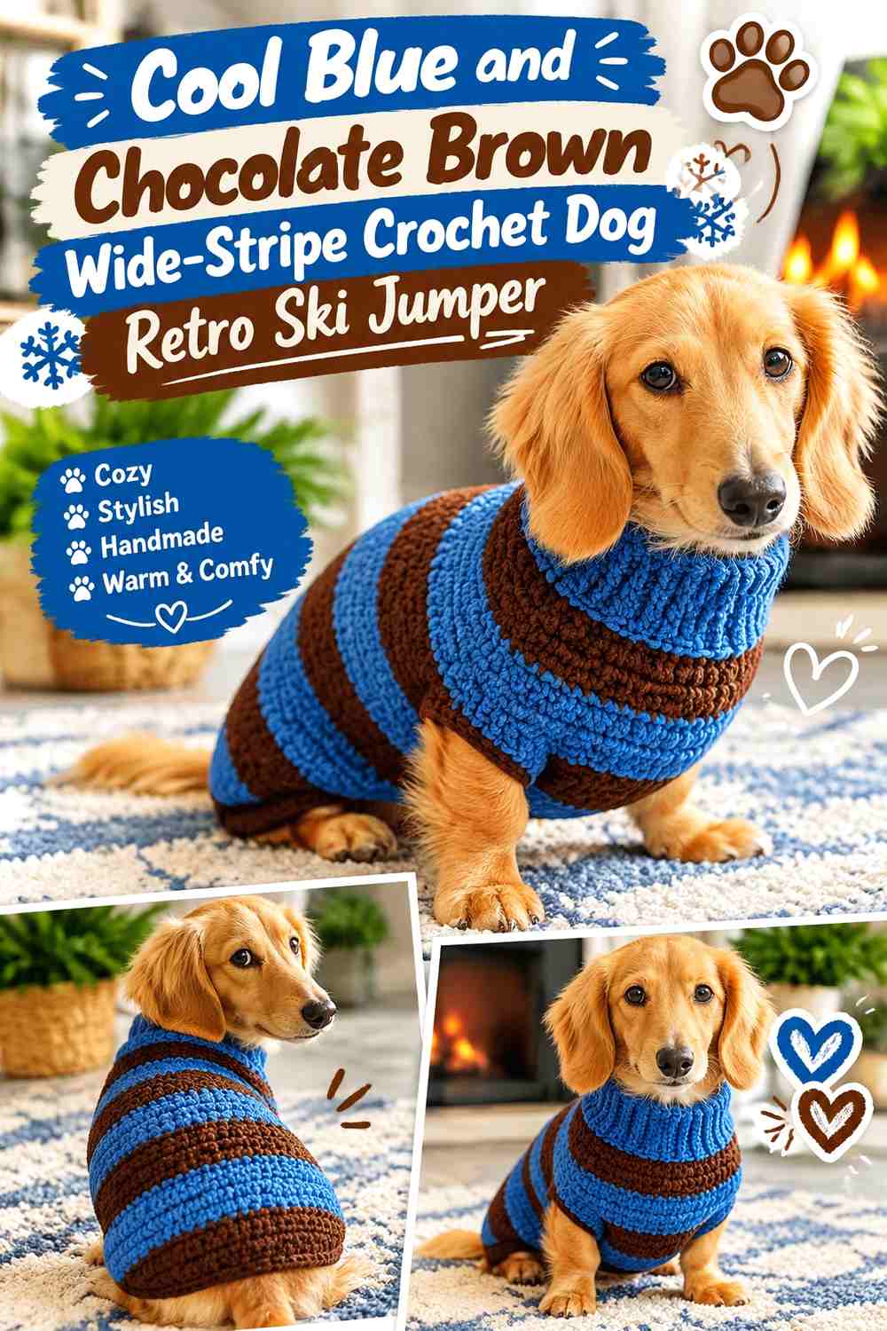 Cool Blue and Chocolate Brown Wide-Stripe Crochet Dog Retro Ski Jumper