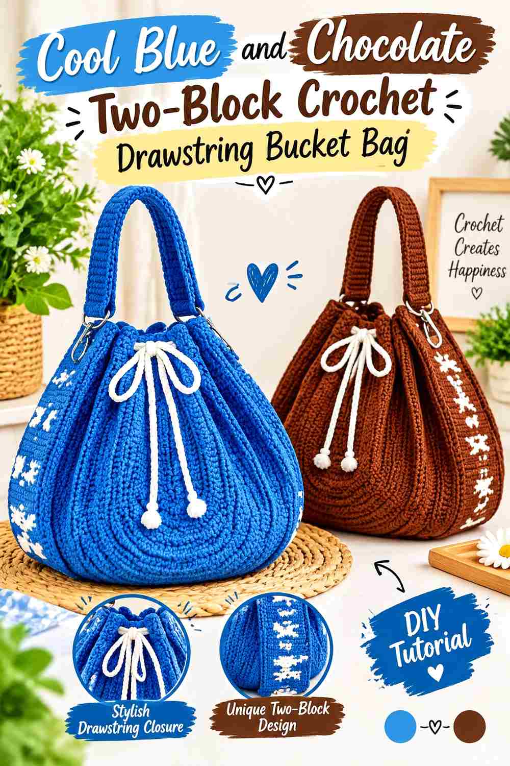 3. Cool Blue And Chocolate Two Block Crochet Drawstring Bucket Bag