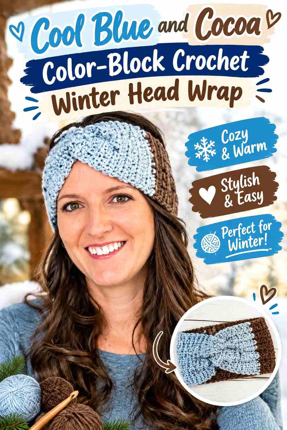 10. Cool Blue And Cocoa Color Block Crochet Winter Head Wrap