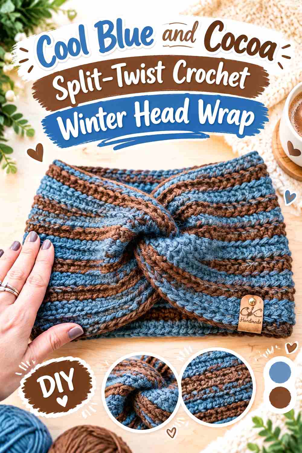 6. Cool Blue And Cocoa Split Twist Crochet Winter Head Wrap