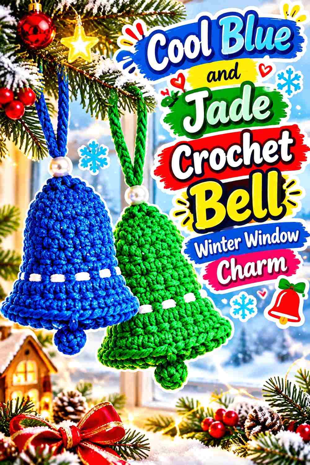 13. Cool Blue And Jade Crochet Bell Winter Window Charm