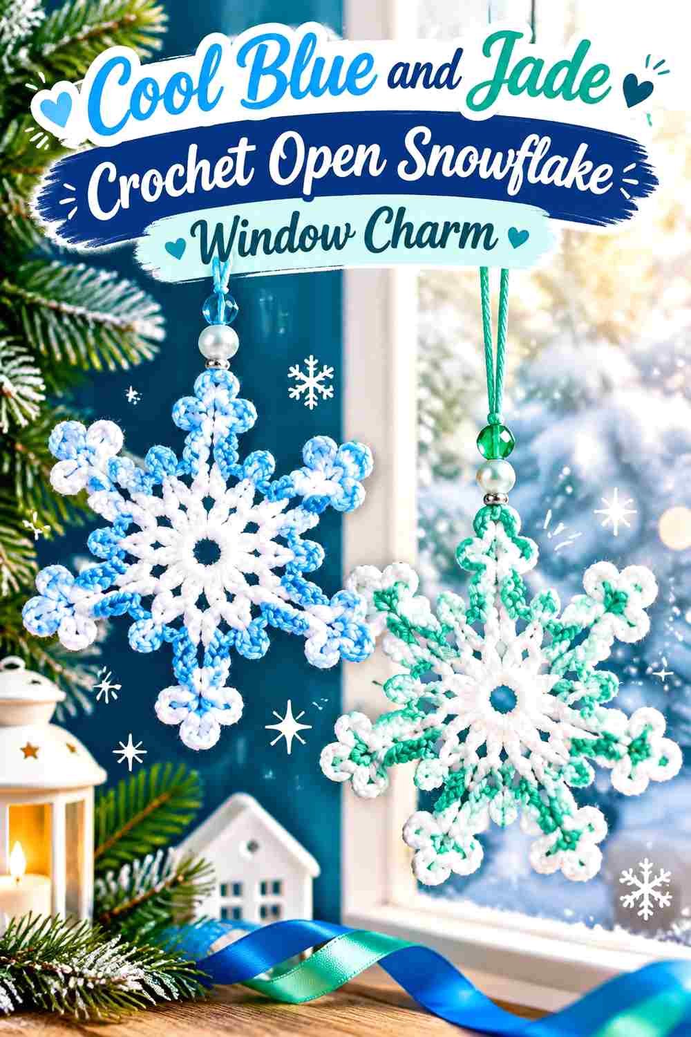 3. Cool Blue And Jade Crochet Open Snowflake Window Charm