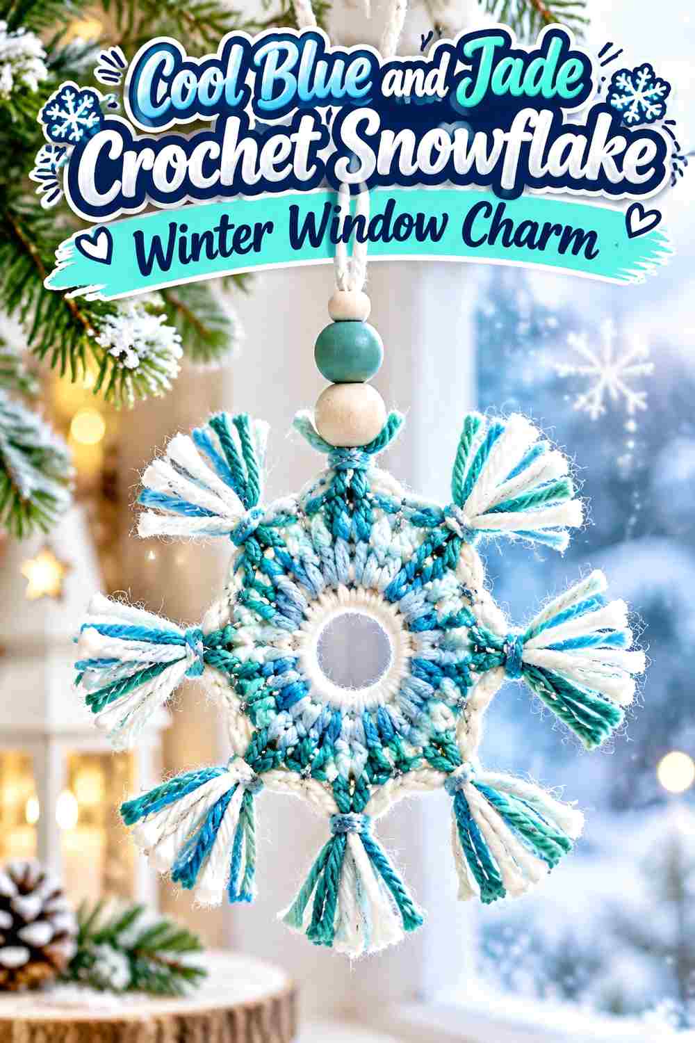 1. Cool Blue And Jade Crochet Snowflake Winter Window Charm