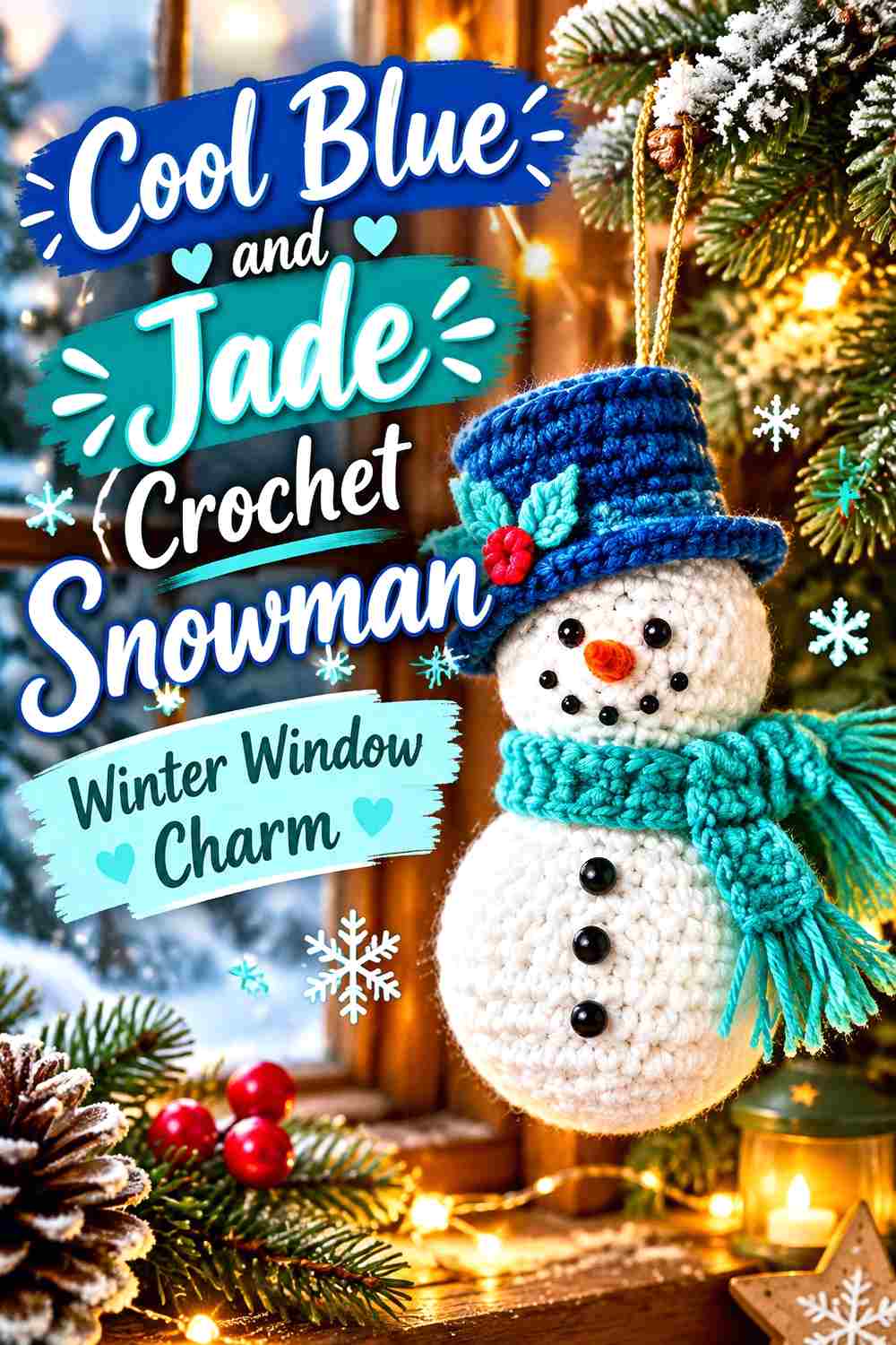 8. Cool Blue And Jade Crochet Snowman Winter Window Charm
