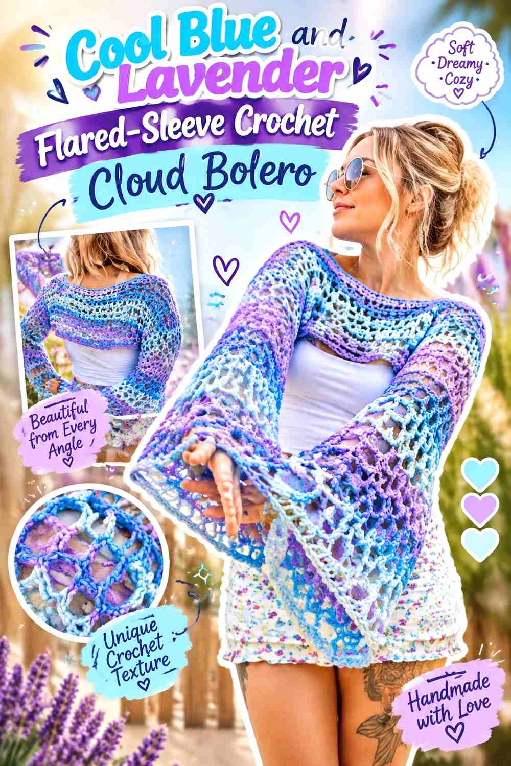 10. Cool Blue And Lavender Flared Sleeve Crochet Cloud Bolero