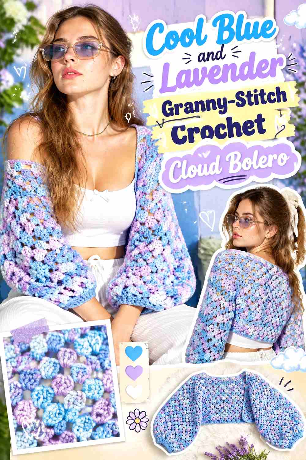 12. Cool Blue And Lavender Granny Stitch Crochet Cloud Bolero