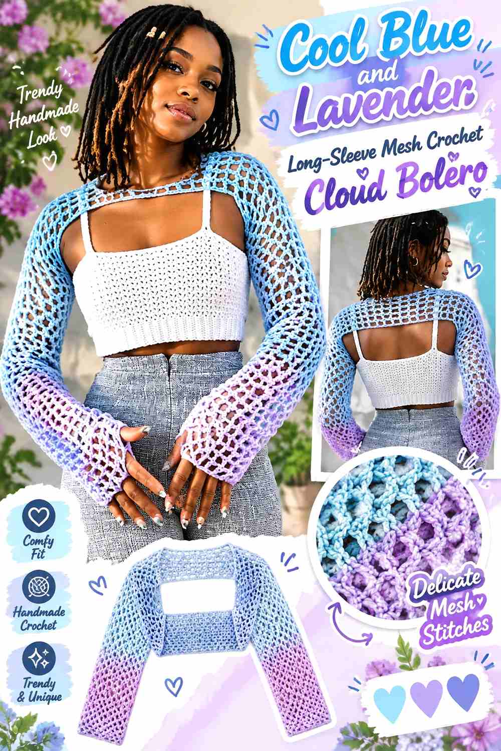 7. Cool Blue And Lavender Long Sleeve Mesh Crochet Cloud Bolero