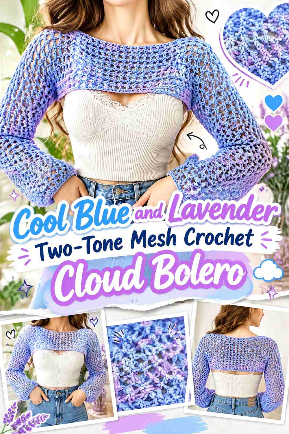 16. Cool Blue And Lavender Two Tone Mesh Crochet Cloud Bolero