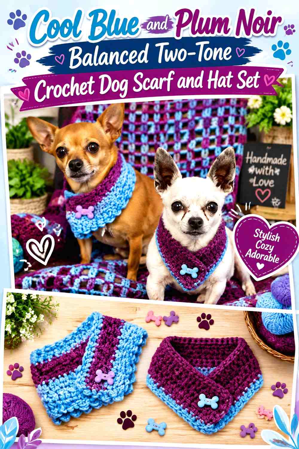 Cool Blue and Plum Noir Balanced Two-Tone Crochet Dog Scarf and Hat Set