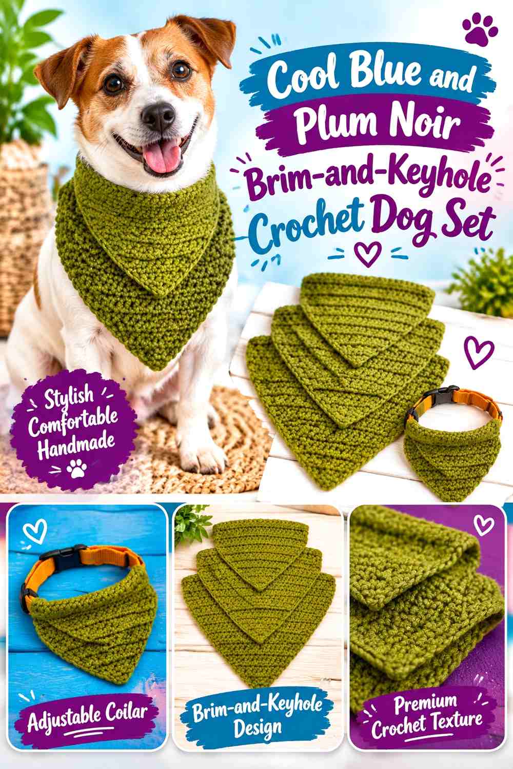 Cool Blue and Plum Noir Brim-and-Keyhole Crochet Dog Set