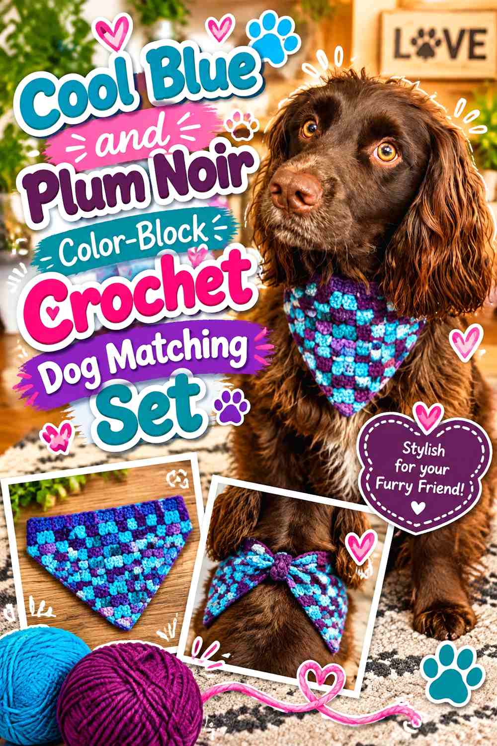 Cool Blue and Plum Noir Color-Block Crochet Dog Matching Set