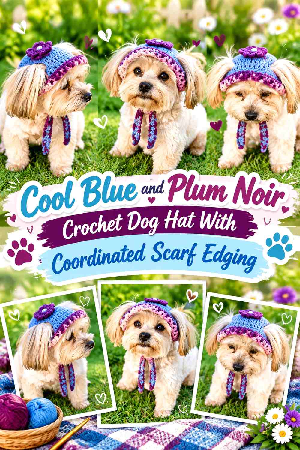 Cool Blue and Plum Noir Crochet Dog Hat With Coordinated Scarf Edging