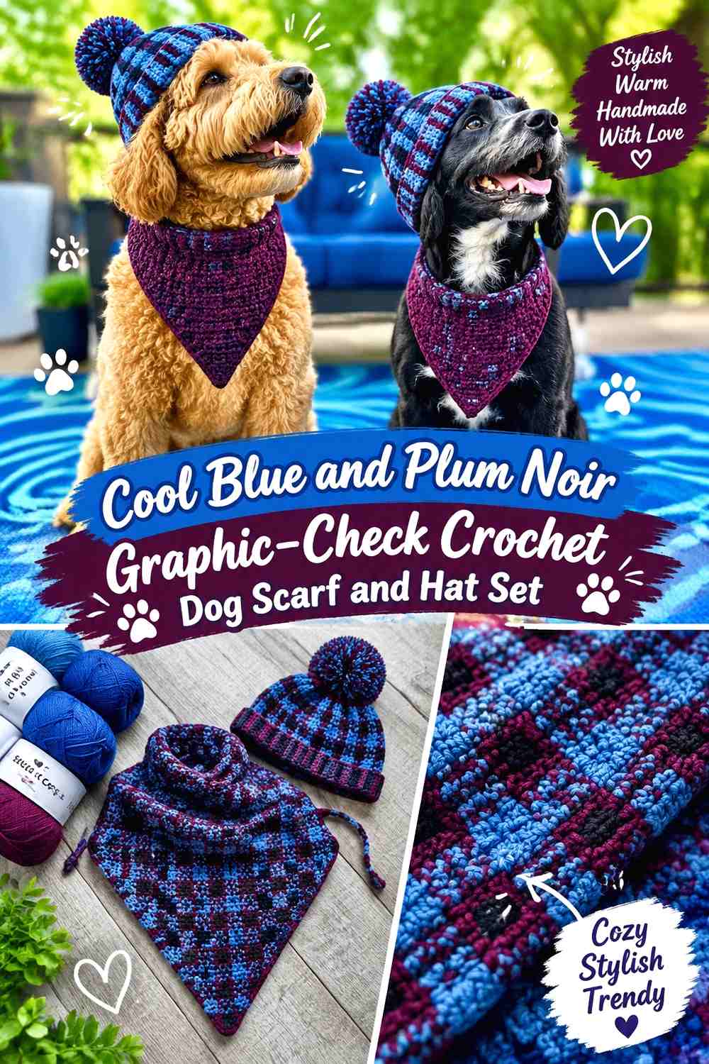 Cool Blue and Plum Noir Graphic-Check Crochet Dog Scarf and Hat Set