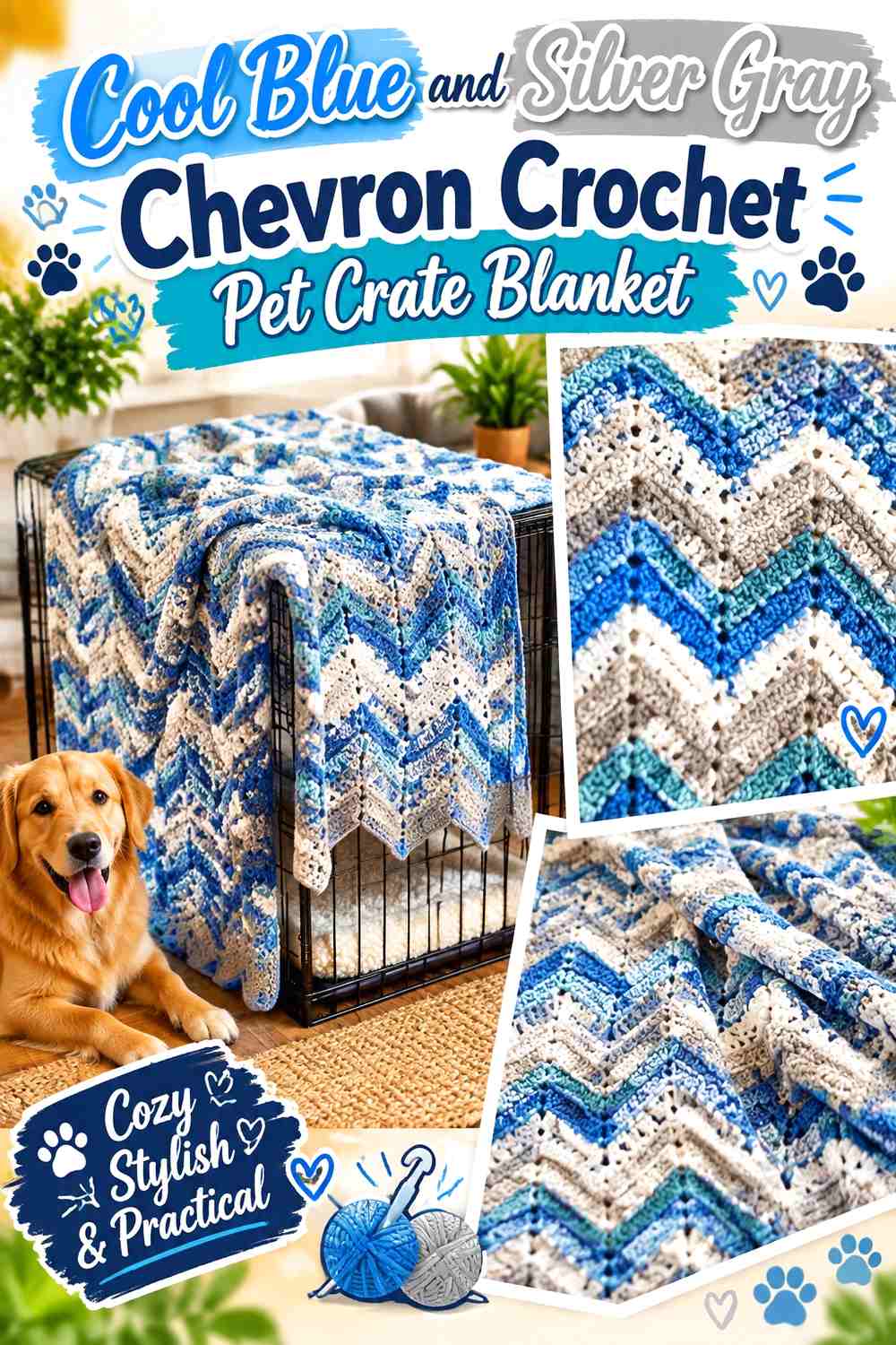Cool Blue and Silver Gray Chevron Crochet Pet Crate Blanket