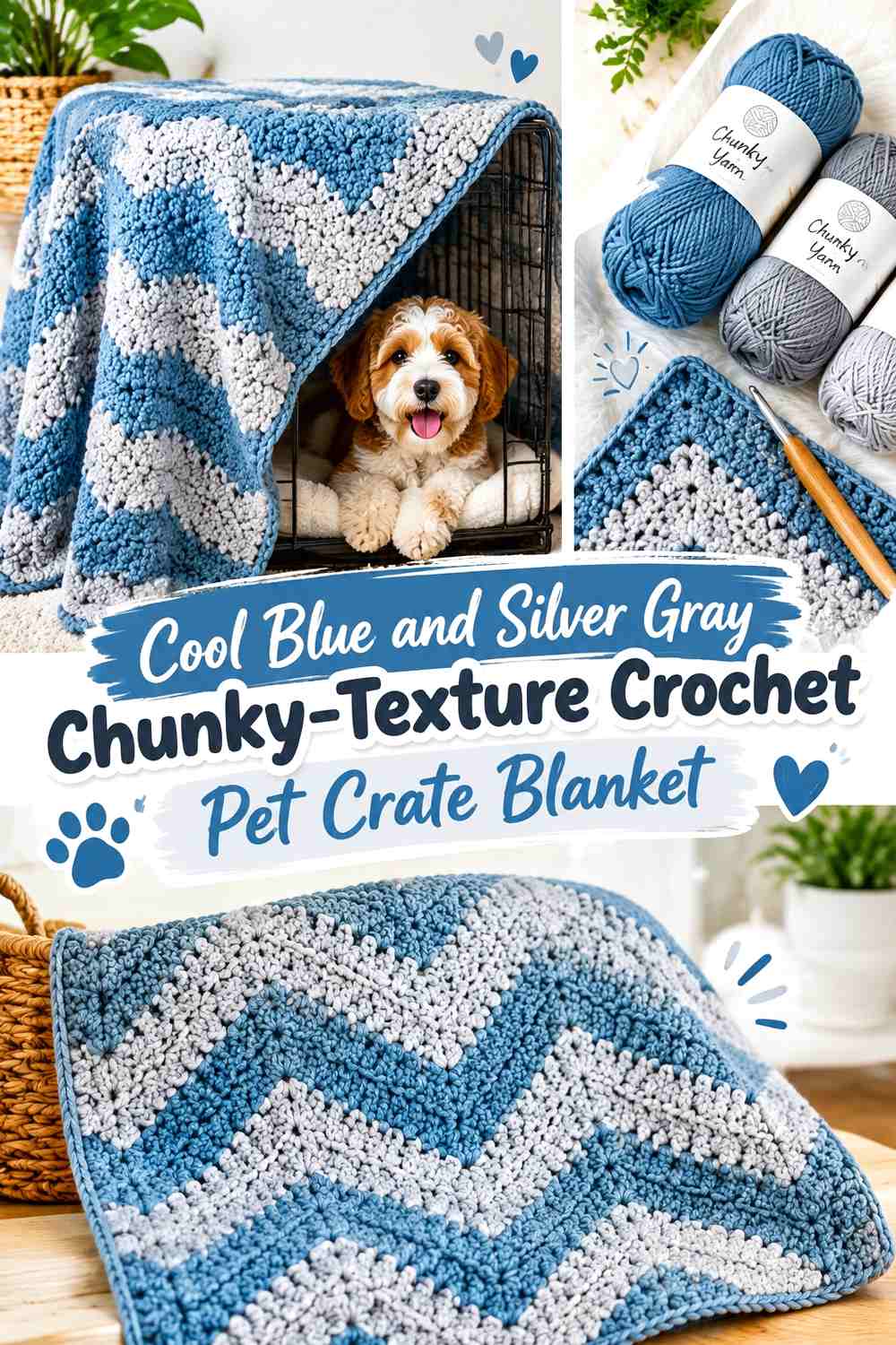 Cool Blue and Silver Gray Chunky-Texture Crochet Pet Crate Blanket