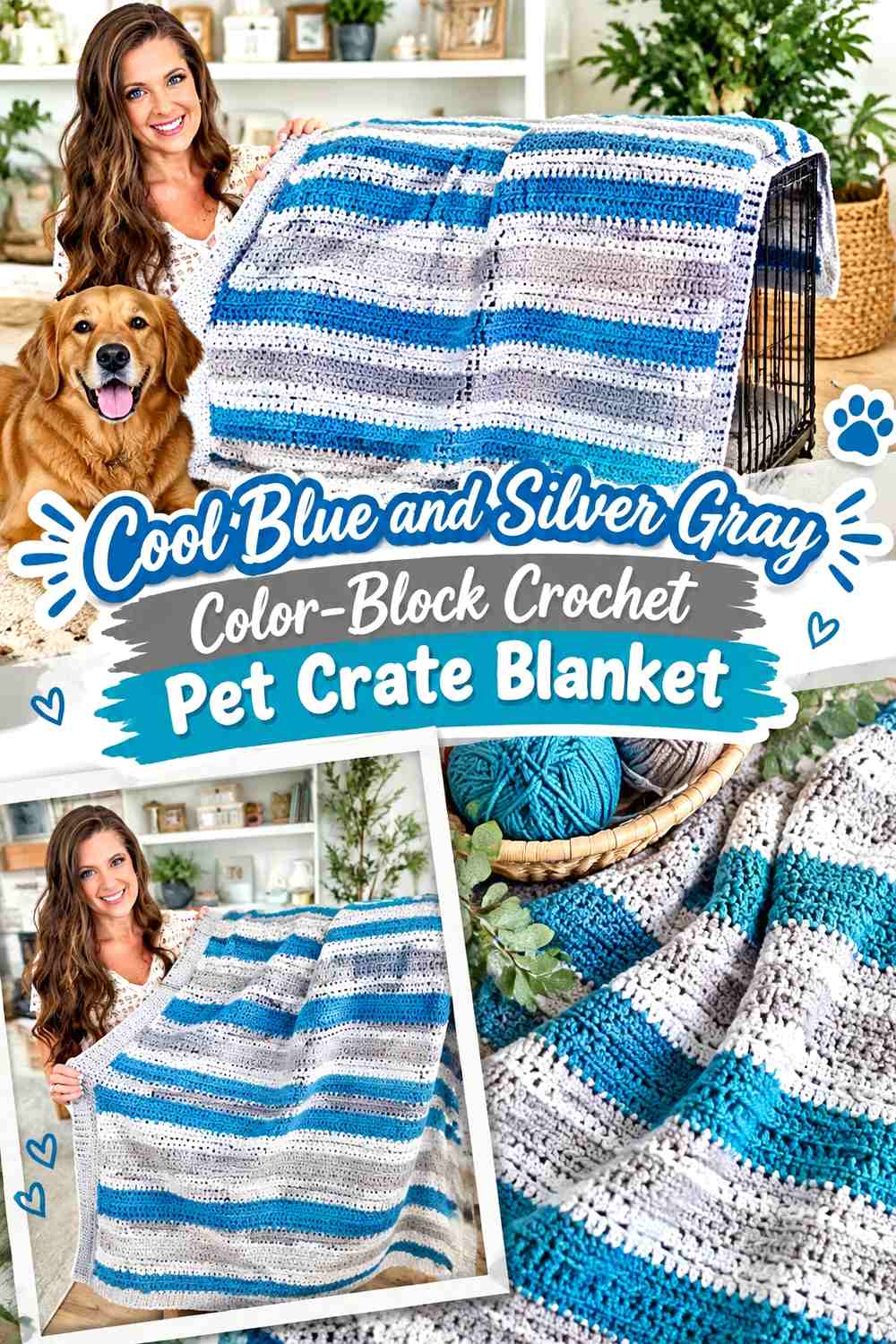 Cool Blue and Silver Gray Color-Block Crochet Pet Crate Blanket