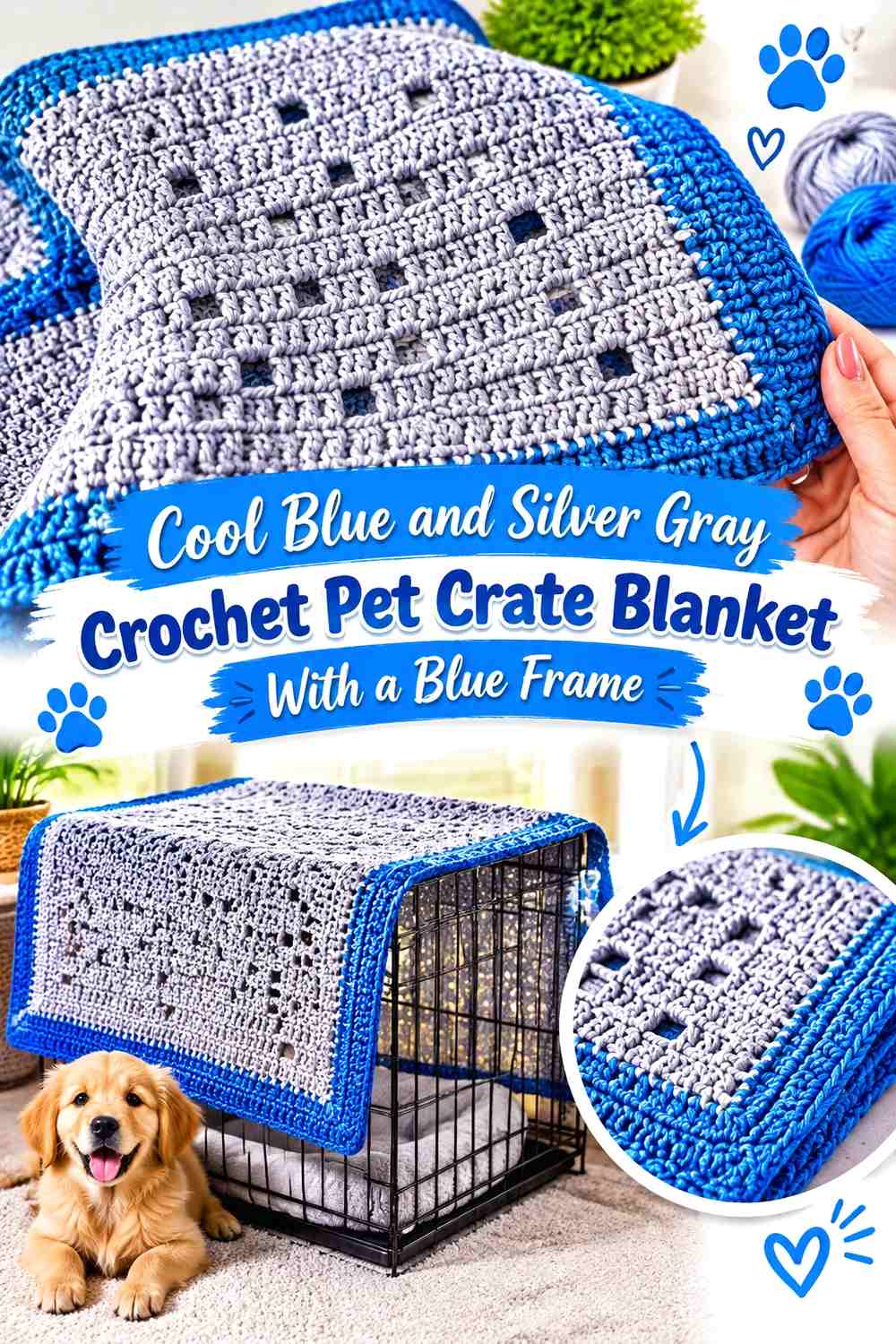 Cool Blue and Silver Gray Crochet Pet Crate Blanket With a Blue Frame