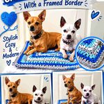Cool Blue and Silver Gray Crochet Pet Crate Blanket With a Framed Border