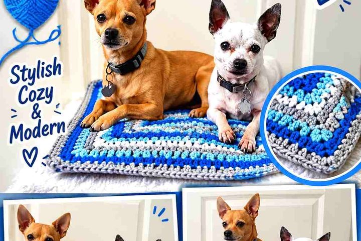 Cool Blue and Silver Gray Crochet Pet Crate Blanket With a Framed Border