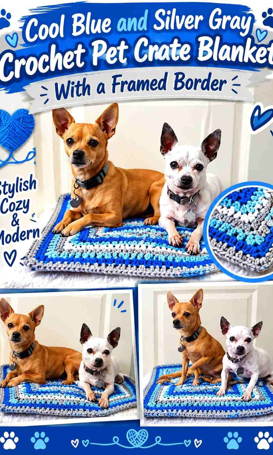 Cool Blue and Silver Gray Crochet Pet Crate Blanket With a Framed Border