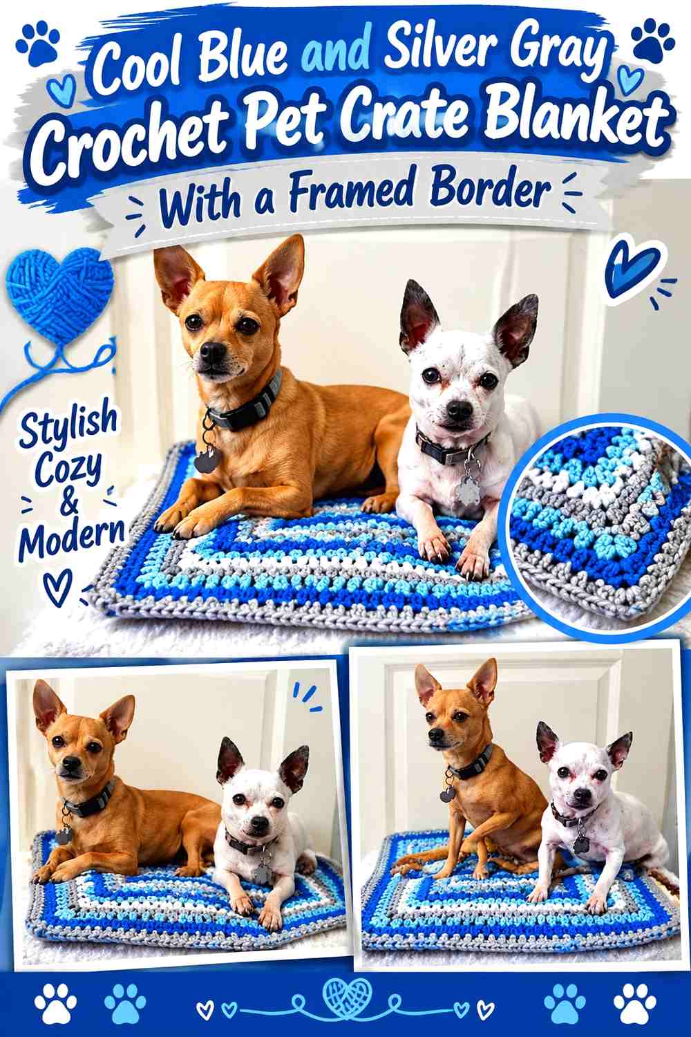 Cool Blue and Silver Gray Crochet Pet Crate Blanket With a Framed Border