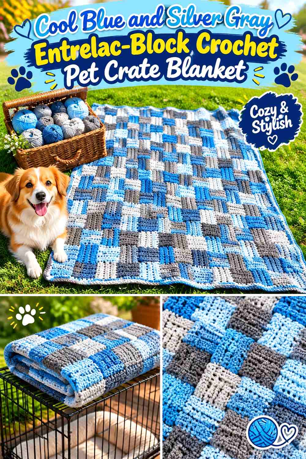 Cool Blue and Silver Gray Entrelac-Block Crochet Pet Crate Blanket