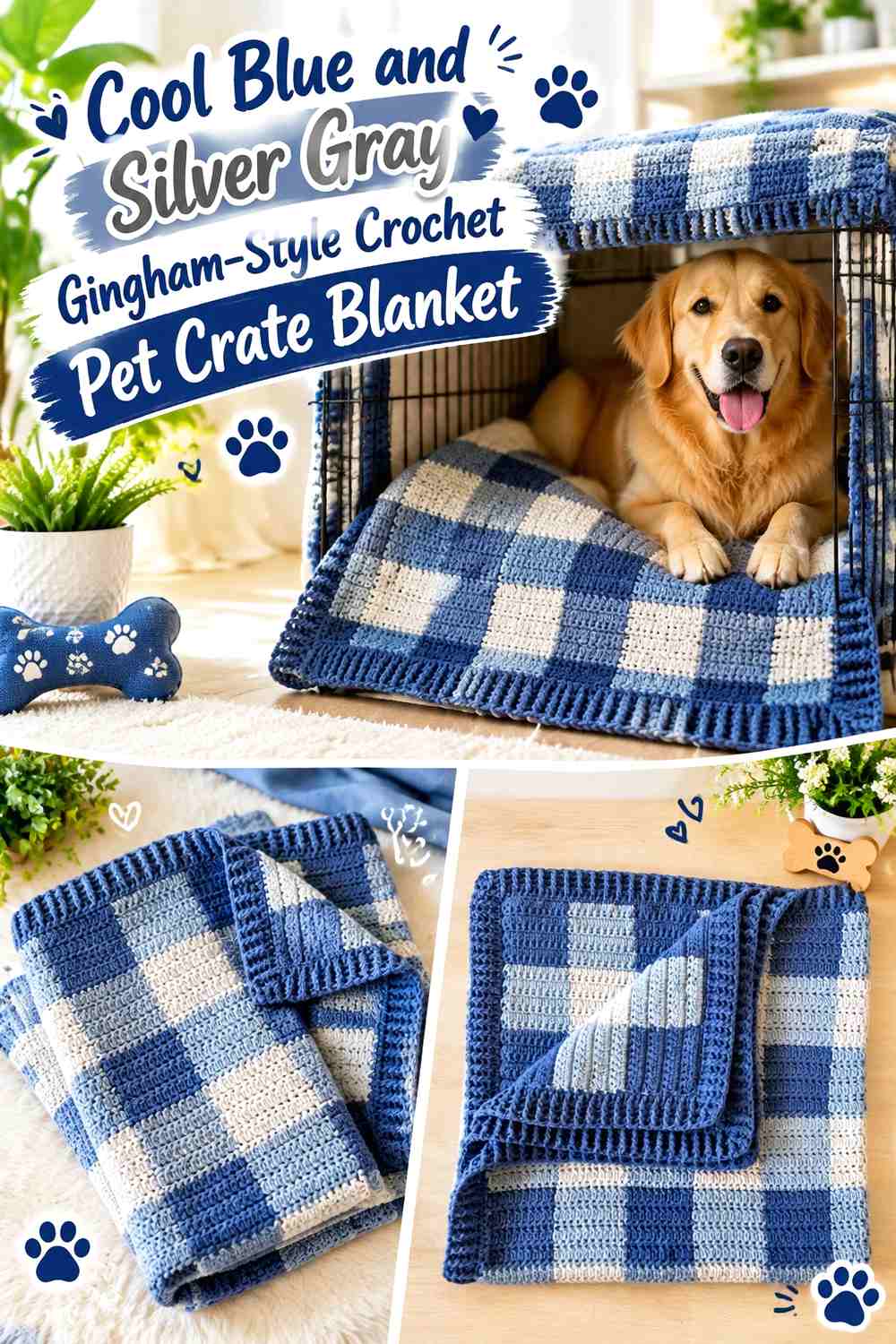 Cool Blue and Silver Gray Gingham-Style Crochet Pet Crate Blanket