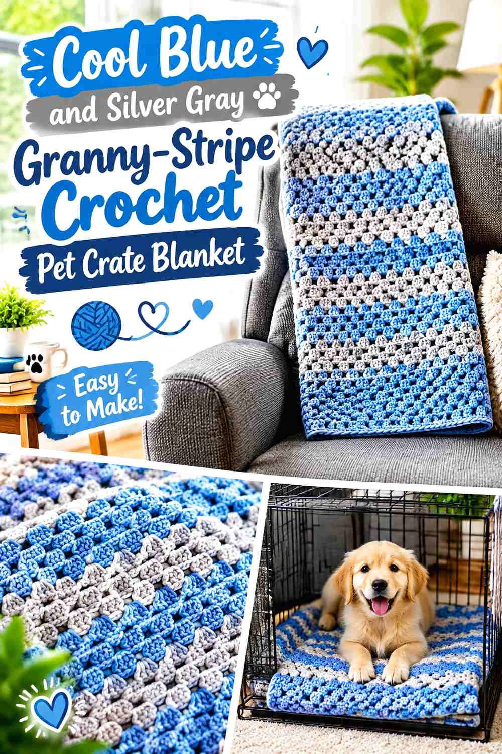 Cool Blue and Silver Gray Granny-Stripe Crochet Pet Crate Blanket