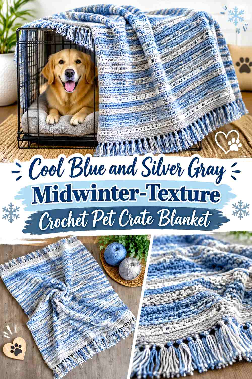 Cool Blue and Silver Gray Midwinter-Texture Crochet Pet Crate Blanket