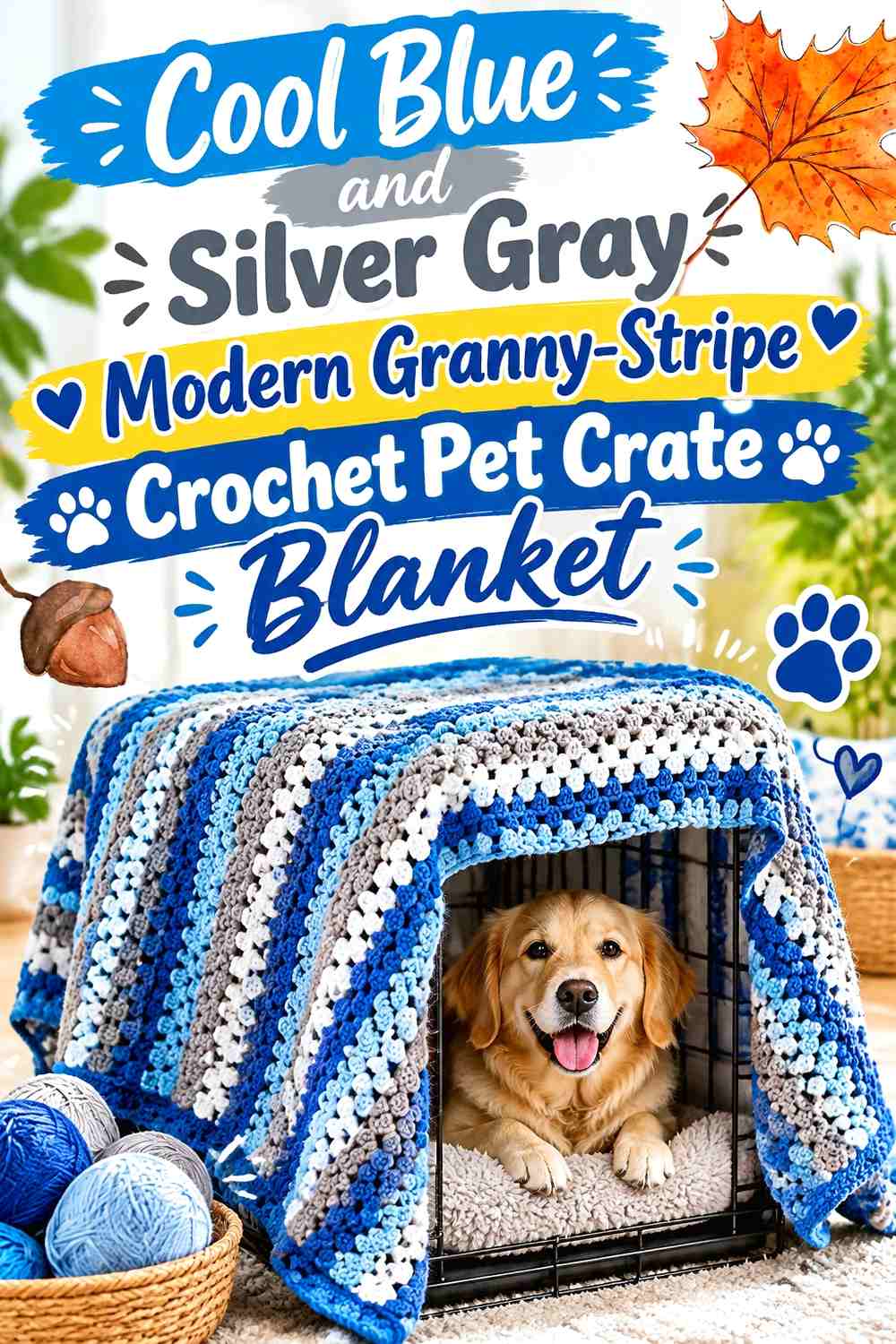 Cool Blue and Silver Gray Modern Granny-Stripe Crochet Pet Crate Blanket