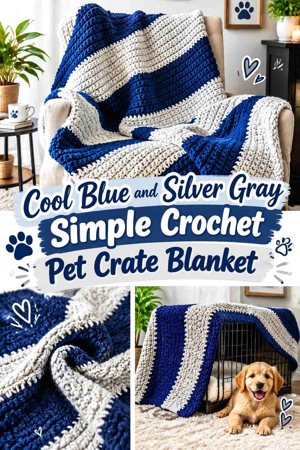 Cool Blue and Silver Gray Simple Crochet Pet Crate Blanket