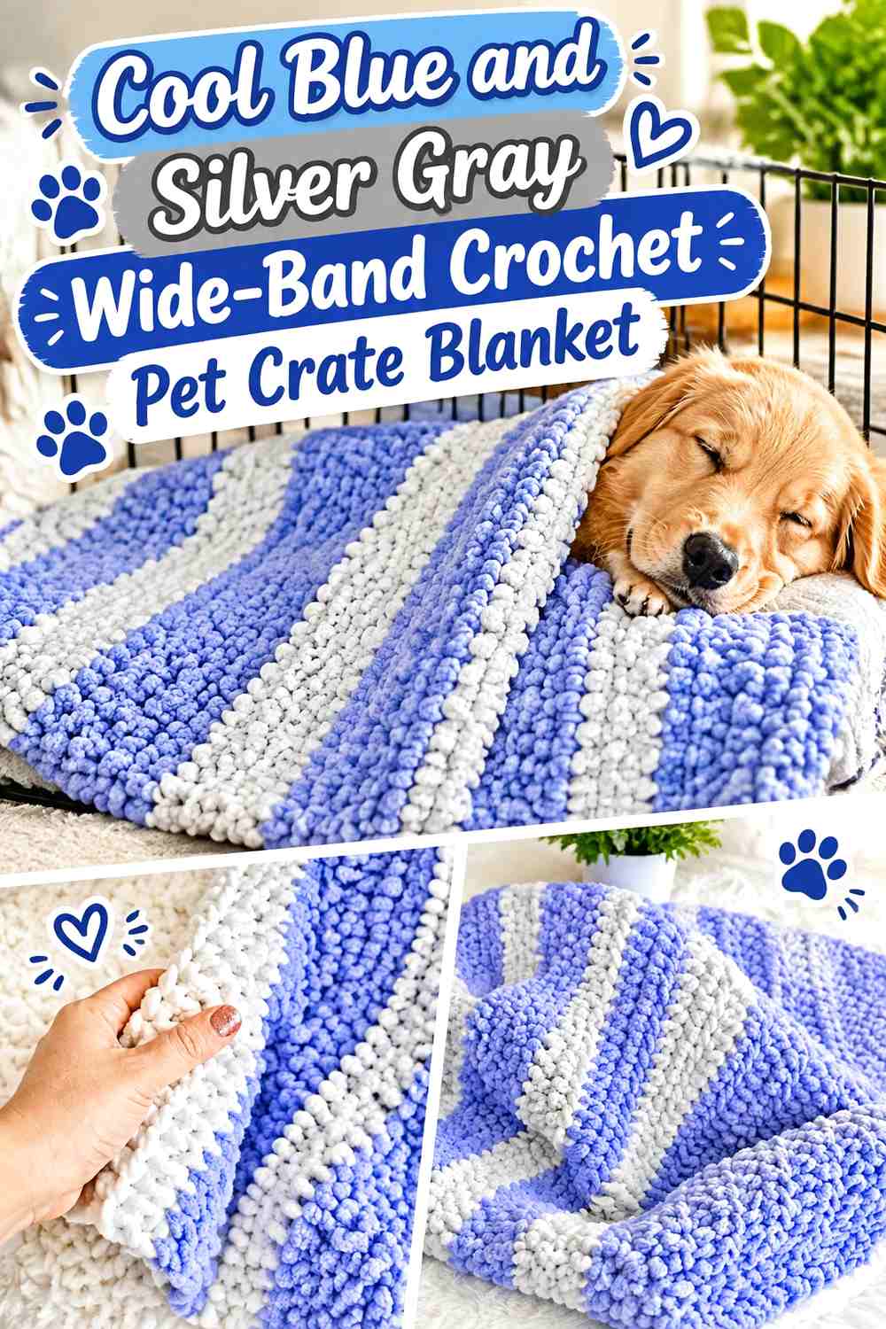 Cool Blue and Silver Gray Wide-Band Crochet Pet Crate Blanket