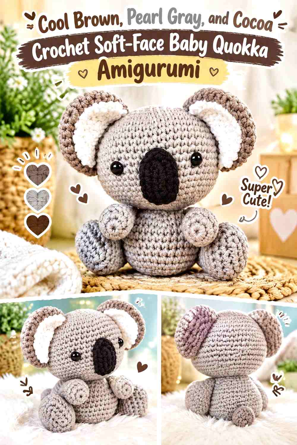 Cool Brown, Pearl Gray, and Cocoa Crochet Soft-Face Baby Quokka Amigurumi