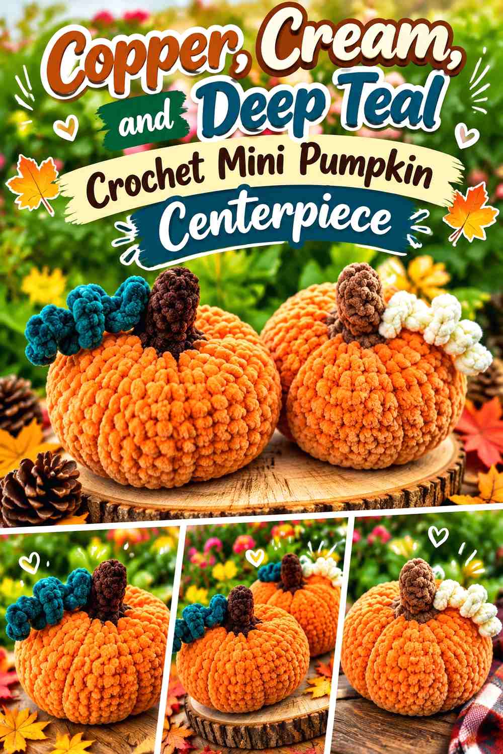 Copper, Cream, and Deep Teal Crochet Mini Pumpkin Centerpiece