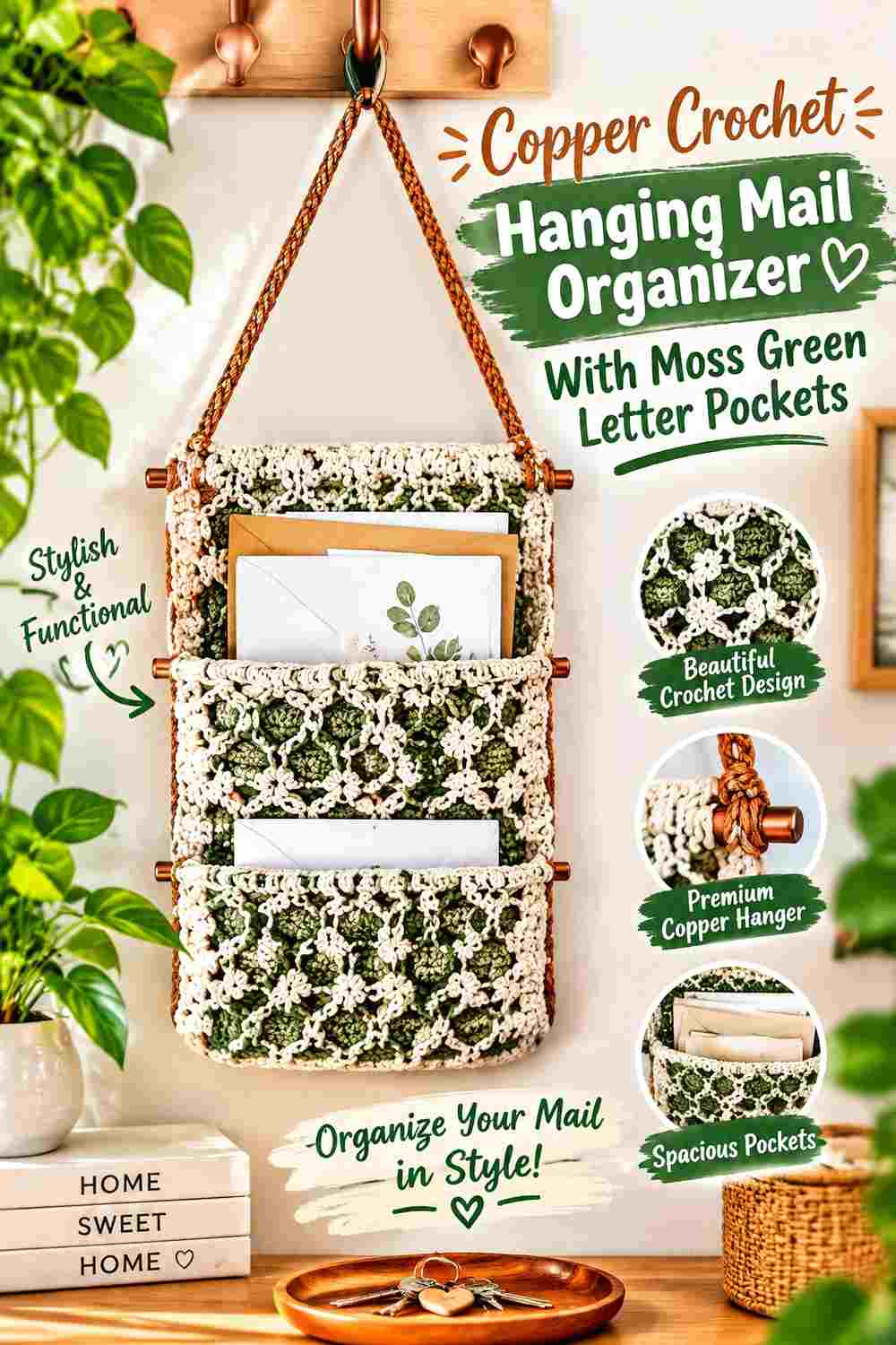2. Copper Crochet Hanging Mail Organizer With Moss Green Letter Pockets