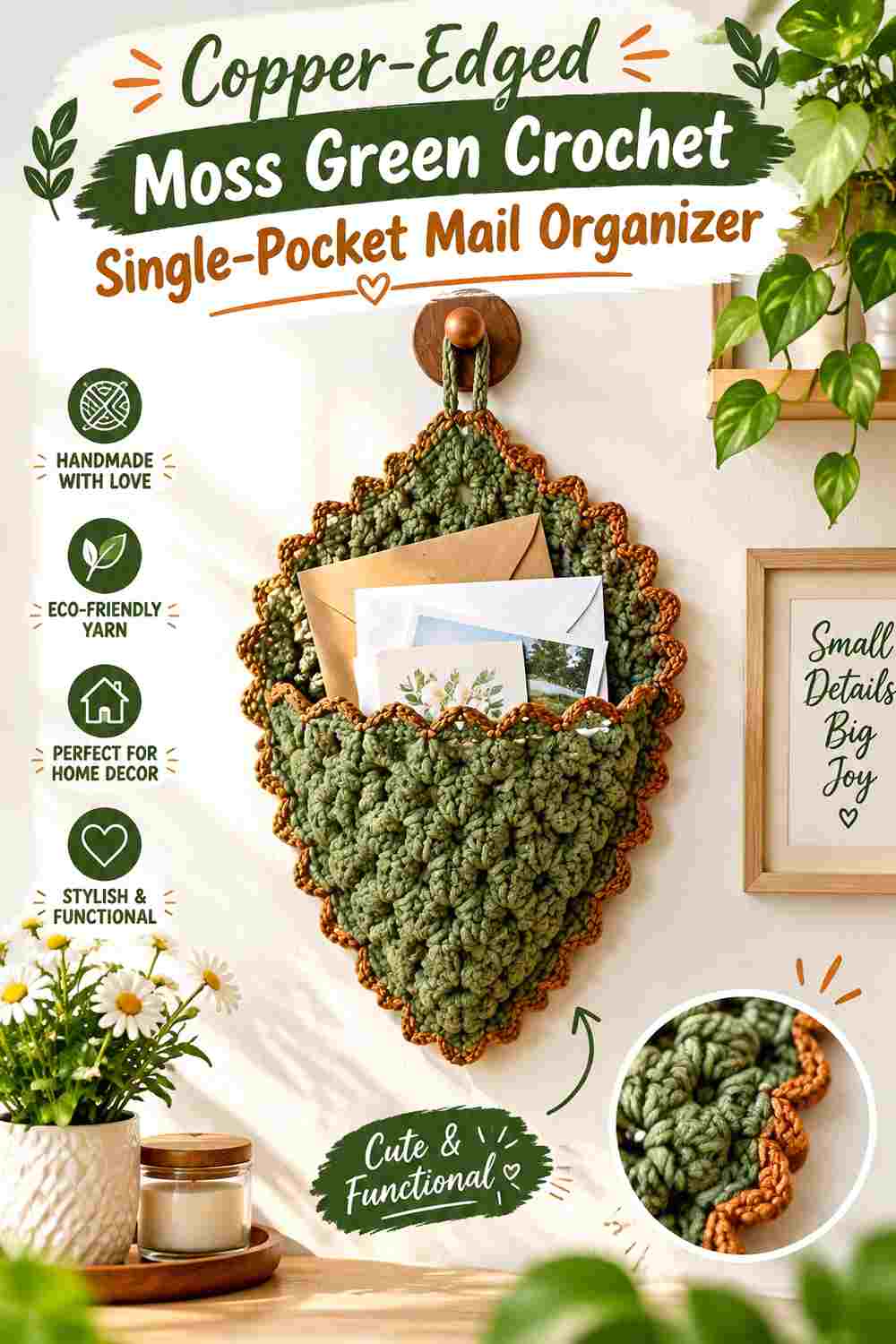4. Copper Edged Moss Green Crochet Single Pocket Mail Organizer