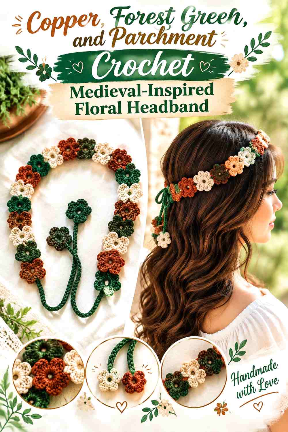 Copper, Forest Green, and Parchment Crochet Medieval-Inspired Floral Headband