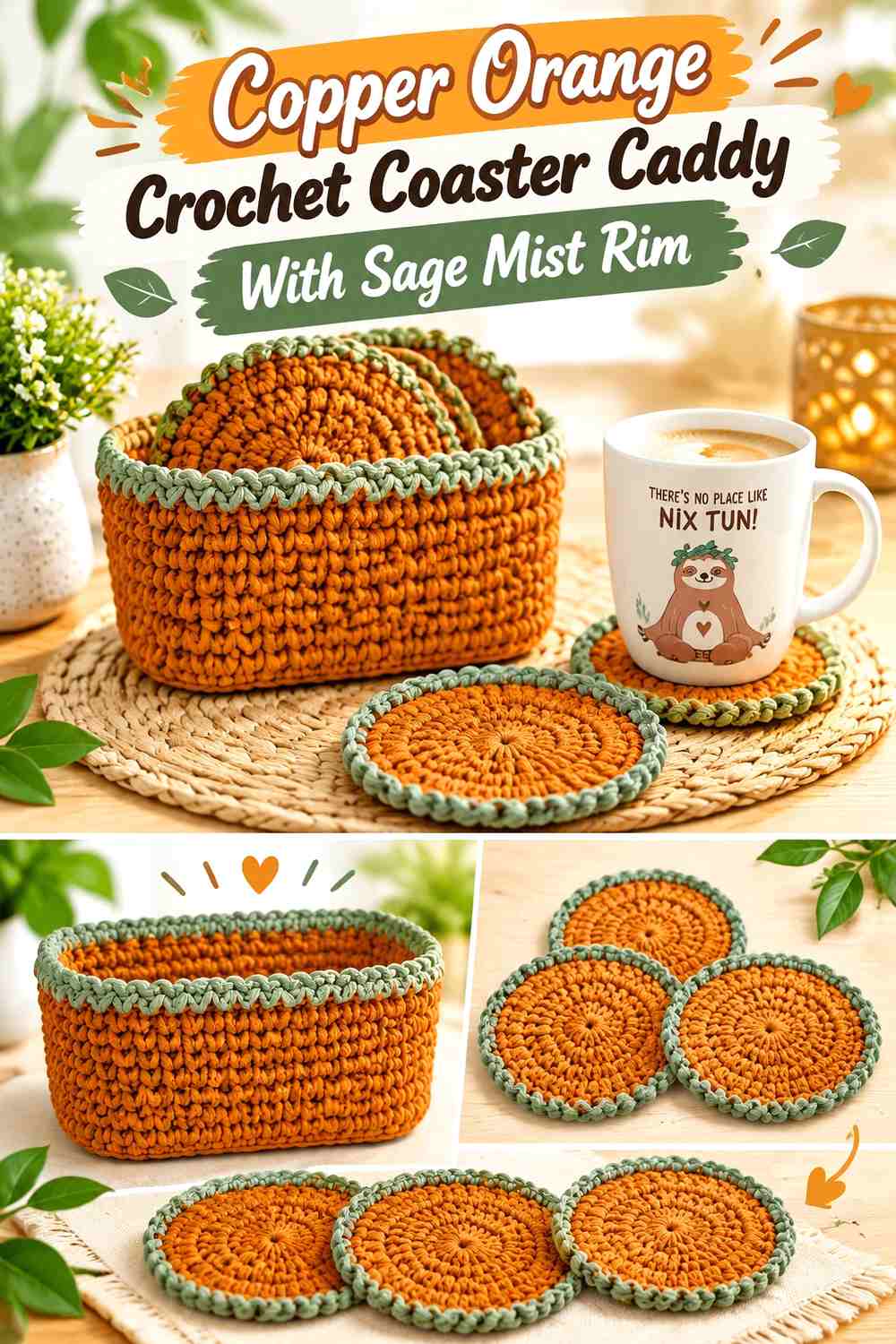 Copper Orange Crochet Coaster Caddy With Sage Mist Rim