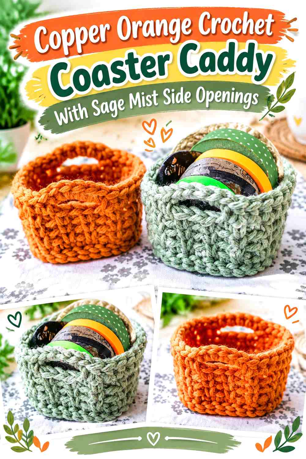 Copper Orange Crochet Coaster Caddy With Sage Mist Side Openings