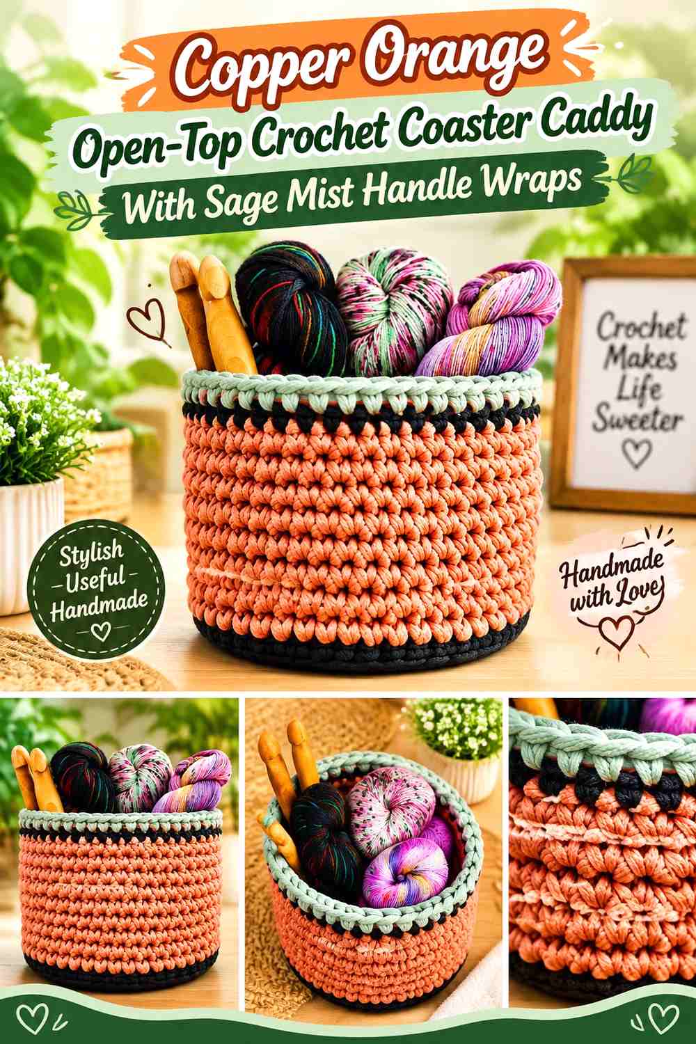 Copper Orange Open Top Crochet Coaster Caddy With Sage Mist Handle Wraps