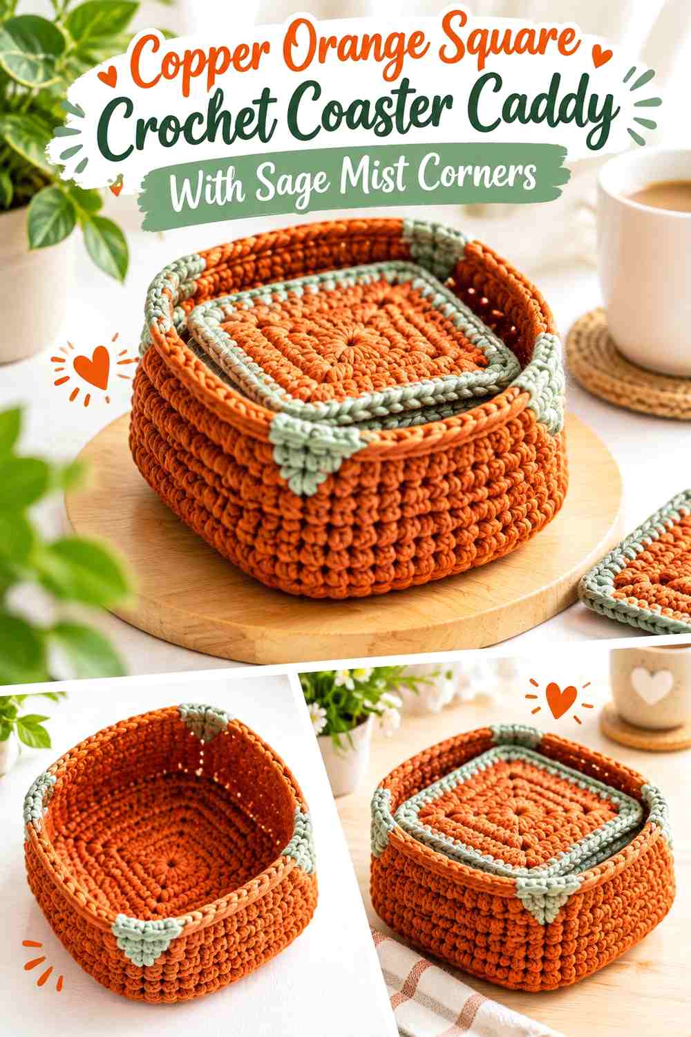 Copper Orange Square Crochet Coaster Caddy With Sage Mist Corners