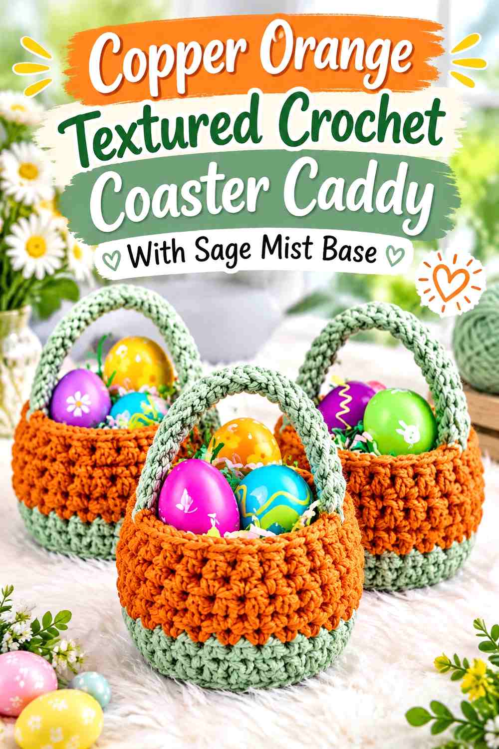 Copper Orange Textured Crochet Coaster Caddy With Sage Mist Base
