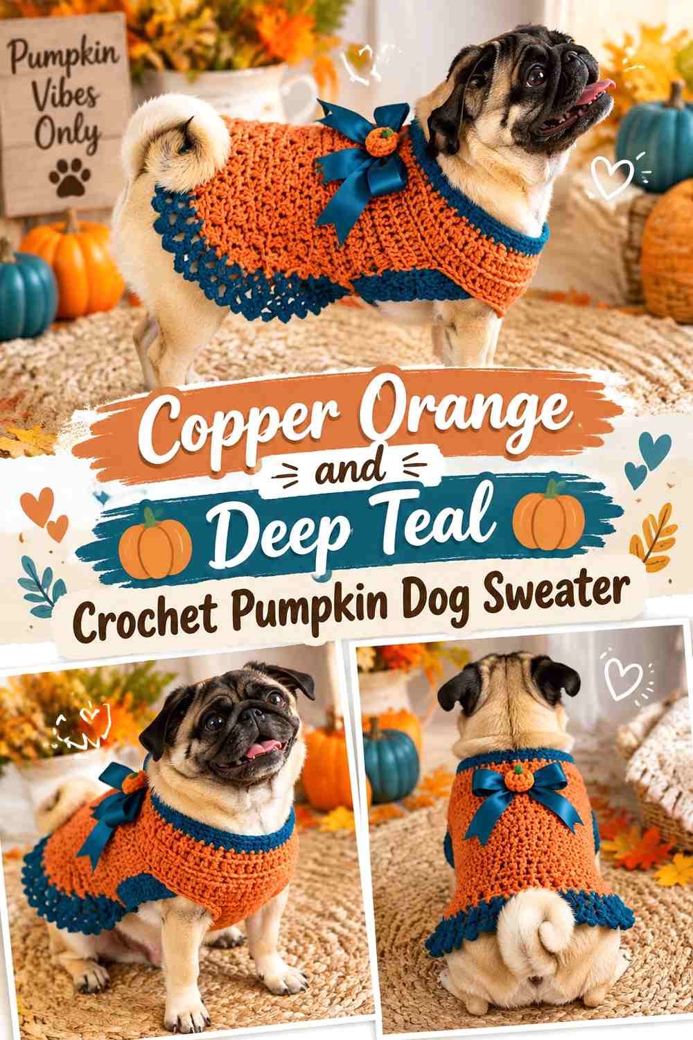 Copper Orange and Deep Teal Crochet Pumpkin Dog Sweater