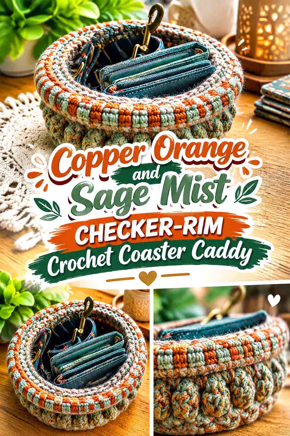 Copper Orange and Sage Mist Checker Rim Crochet Coaster Caddy