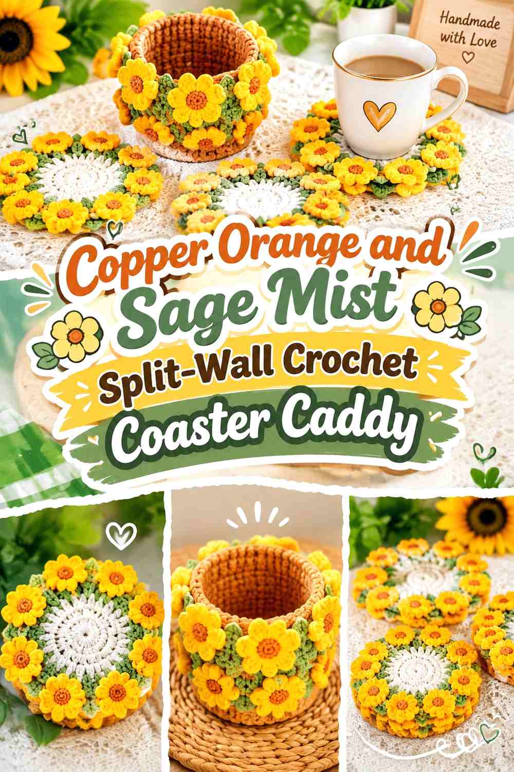 Copper Orange and Sage Mist Split Wall Crochet Coaster Caddy