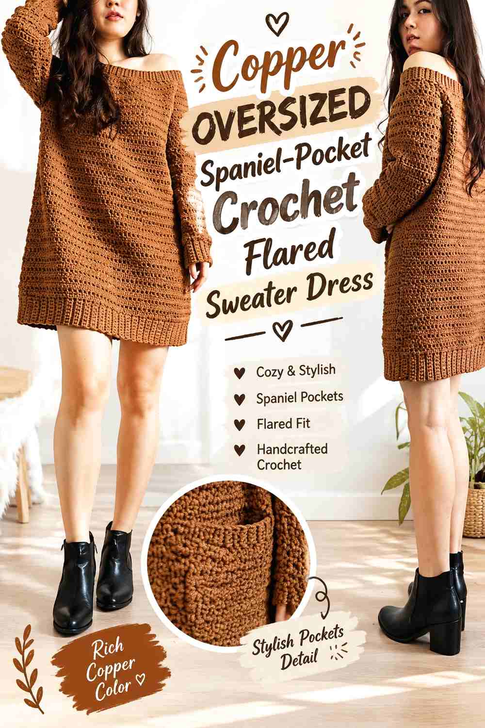 Copper Oversized Spaniel-Pocket Crochet Flared Sweater Dress