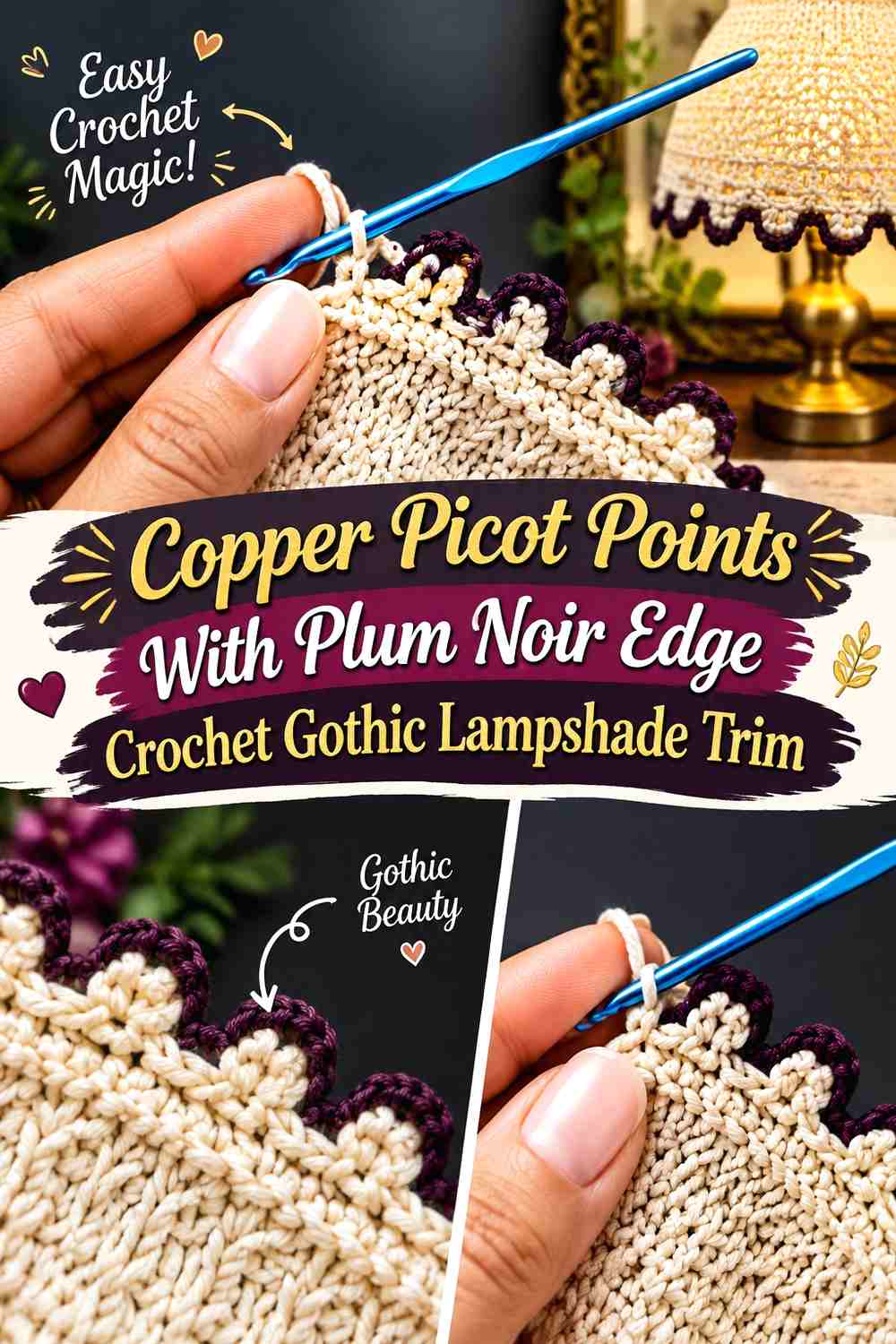 14. Copper Picot Points With Plum Noir Edge Crochet Gothic Lampshade Trim