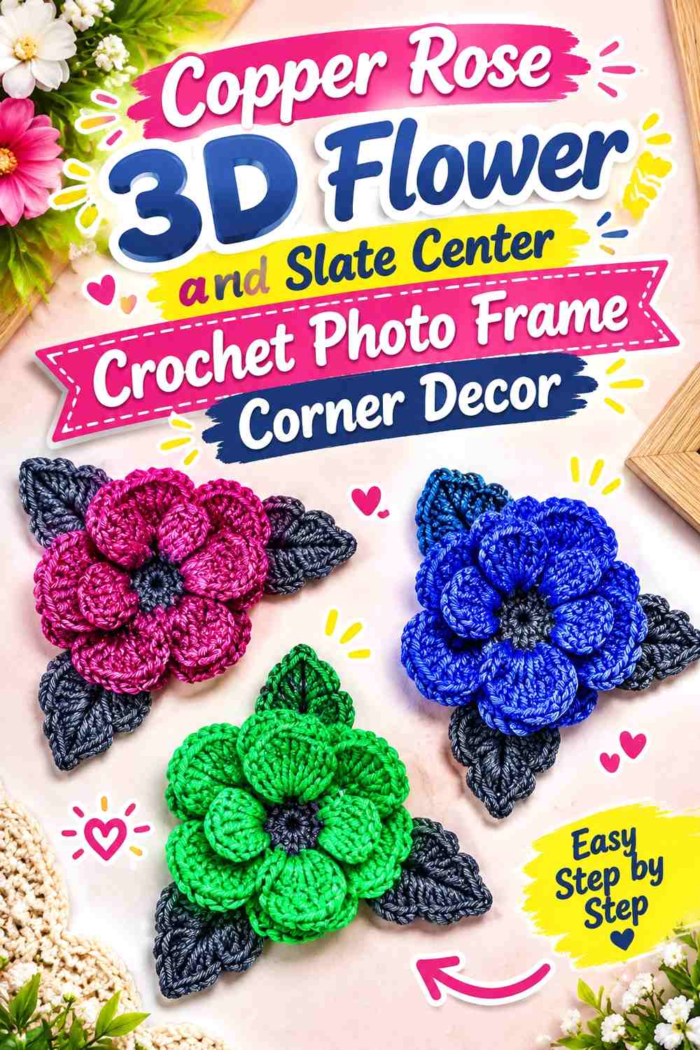 13. Copper Rose 3d Flower And Slate Center Crochet Photo Frame Corner Decor