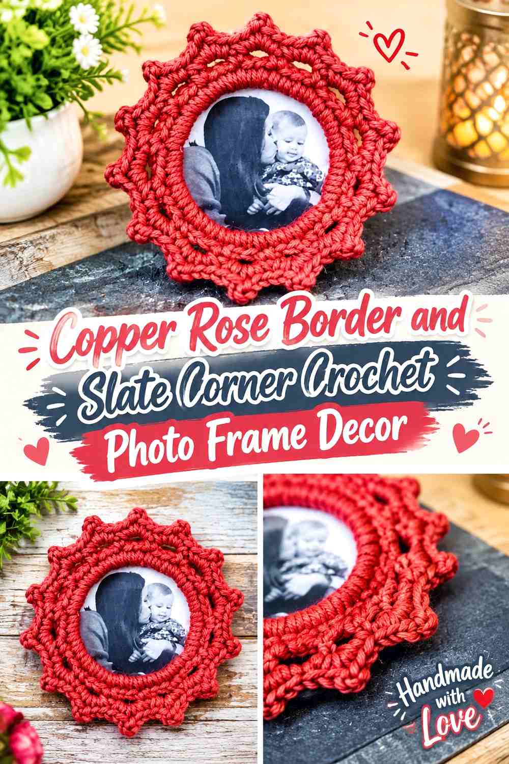1. Copper Rose Border And Slate Corner Crochet Photo Frame Decor