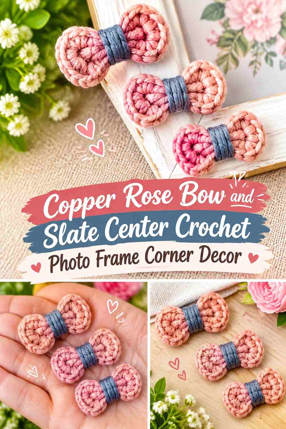4. Copper Rose Bow And Slate Center Crochet Photo Frame Corner Decor